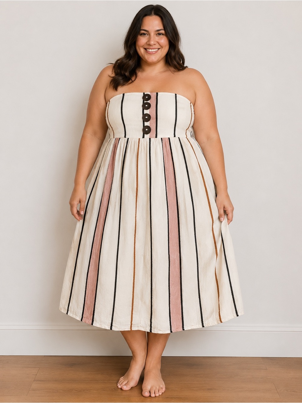 ASOS Strapless Cream Dress with Pink, Black and Tan Stripes